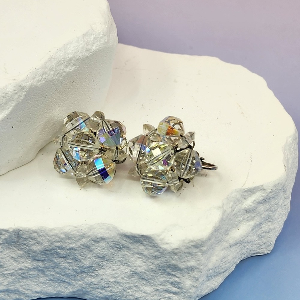 LAGUNA Crystal Bead Cluster Clip On Earrings Aurora Borealis Vintage Statement